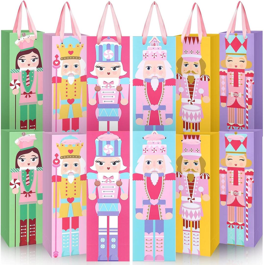 TaoBary 12 Pcs Christmas Wine Bags Christmas Wine Bottle Gift Bags with Handles Paper Gift Bag for Xmas Party Favors Holiday Festival Table Centerpieces Decors (Novel Nutcracker)