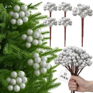 Leinuosen 12 Pack Christmas Tree Silver Sugared Berry Picks 9 Inch Artificial Christmas Wreath Berry Stems Xmas Branches Ornaments Decorations for Tree Topper Vase Fillers Home Table Decor