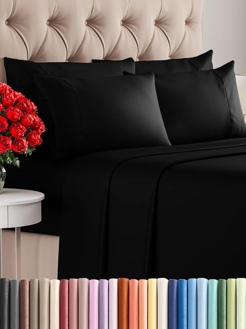 King Sheets Set 6 Piece - Includes 4 Pillowcases - Bed Sheets King Size - Soft Hotel Luxury Bedding - Cooling, Comfy, Fade Free & Breathable - 1 Flat & 1 Fitted & 4 Pillowcases w/ Deep Pockets - Black