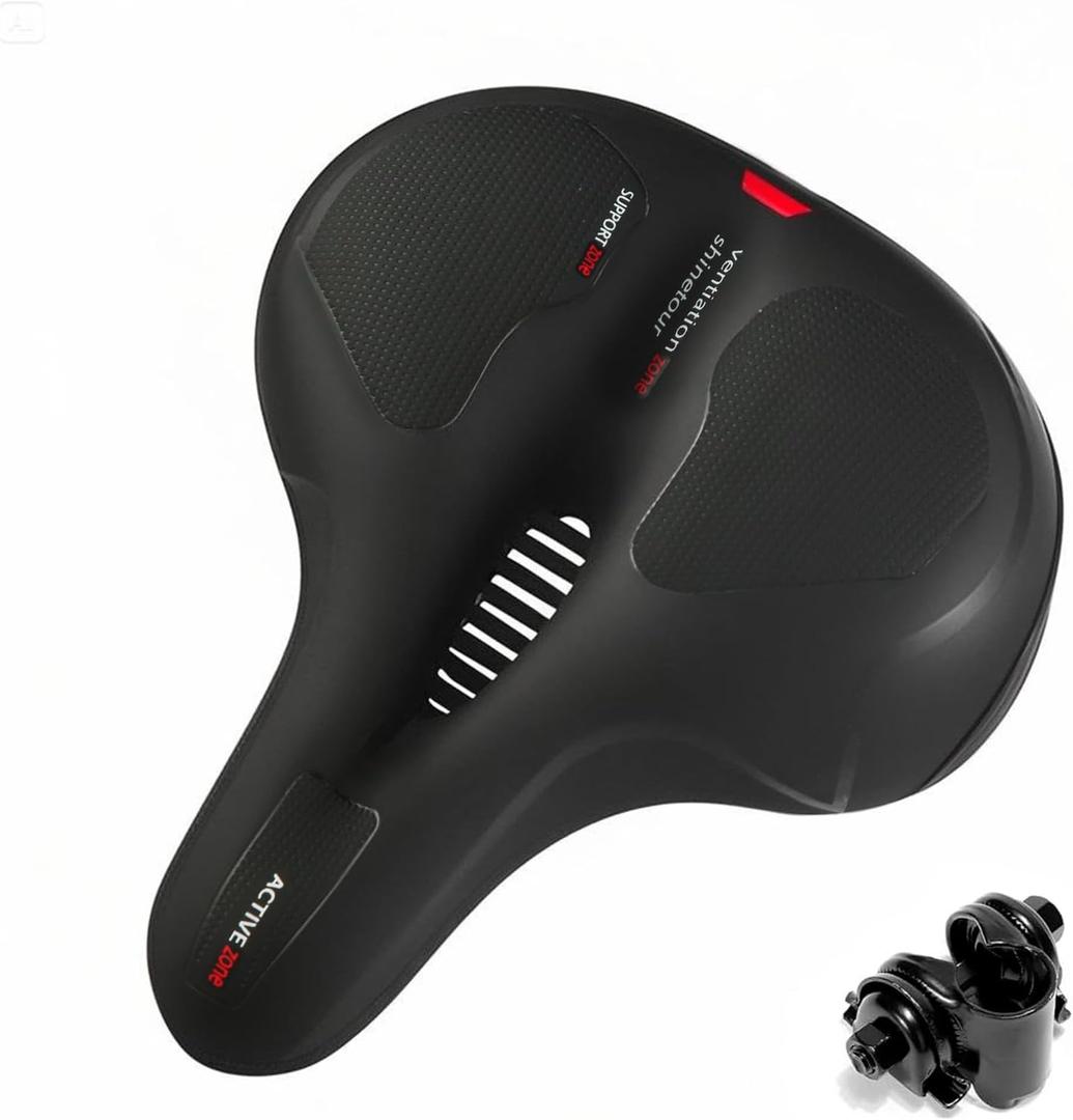 Bike Seat Cushion Compatible with Huffy, Comfortable Wide Bicycle Saddle for Men and Women, Memory Foam, Dual Shock Absorbing and Reflective Strip, Replacement Seat Cushion for Exercise and Road Bike