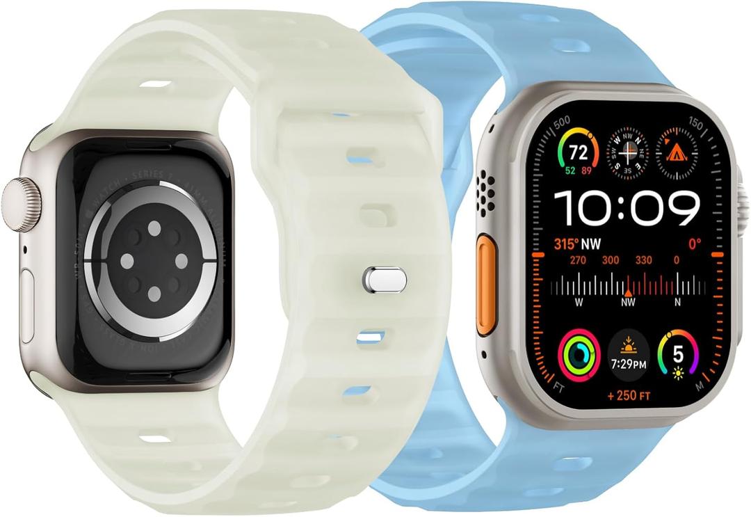 Sport Band Compatible with Apple Watch Ultra 2 Band 49mm 46mm 45mm 44mm 42mm for Men, Soft Silicone Wristbands Waterproof Replacement Strap for iWatch Series 11 10 9 8 7 6 5 4 3 SE Ultra 3 2 1, 2 Pack (Glow Green/Glow Blue)