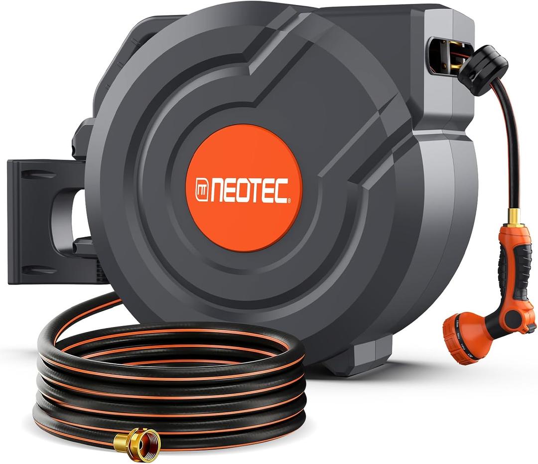 90FT Retractable Garden Hose Reel 5/8 Inch, Automatic Slow Return & Any Length Lock, Wall Mounted Heavy Duty Hose Reels for Outside with 9 Spray Nozzle, 180 Swivel UV Resistant