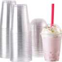 [100 Sets-16 oz.] Plastic Cups With Dome Straw Slot Lids PET Crystal Clear Disposable Togo Cup BPA Free For Party Ice Cold Drinks Coffee Tea Parfait Dessert Smoothie Bubble Boba Fruit Milkshake Slush