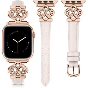 Wearlizer Slim Leather Band Compatible with Apple Watch Bands Women 38/40/41/42/44/45/46/49mm, Fancy Dressy Designer Thin Strap with Celtic Knot for iWatch Series 11 10 9 8 7 6 5 4 3 SE/Ultra 3 2 1 (Starlight/Rose Gold)