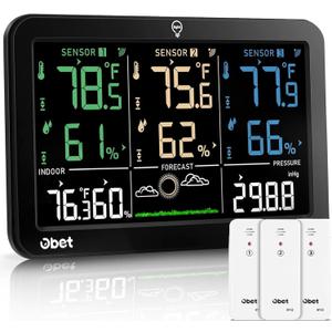 OBET Weather Station Wireless Indoor Outdoor Thermometer Wireless, Color Display Digital Temperature and Humidity Monitor with 2 Sensors, Alerts, Adjustable Backlight, USB Port (500 Feet)