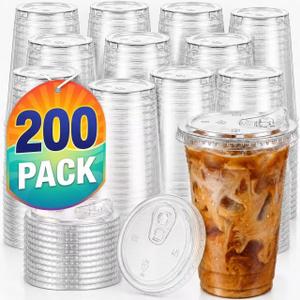 200 Pack 16 oz Plastic Cups with Lids, Iced Coffee Cups, Strawless Sip Lids (EXP 01/08/27)