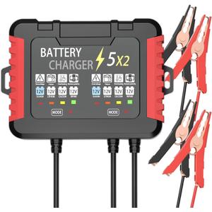 12V 2-Bank Onboard Battery Charger, 10A 5A Per Channel IP68 Waterproof Charger, 6-Stage Trickle Charger with Battery Maintainer & Desulfator for AGM Lithium Calcium Battery for Car RV Boat