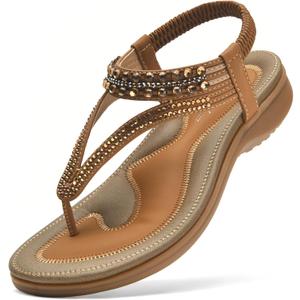 Littleplum Womens Sandals Arch Support Slingback Rhinestone Dressy Sandals Comfort Summer Shoes Ankle Strap Elastic Flats for Beach Walking (7, Elegant Brown)