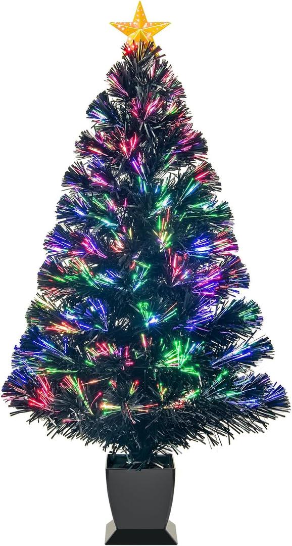 3ft Black Fiber Optic Christmas Tree,Pre-Lit Artificial Mini Christmas Tree, Tabletop Small Xmas Tree with Stars Holiday Home Decorations