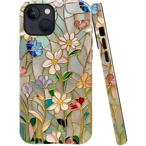 Case Compatible with iPhone 15 Plus,Fall Prevention Bright Hybrid 2-Layer Hard Shell Phone Case for Girls Boys,Stained Glass Bloom Flower