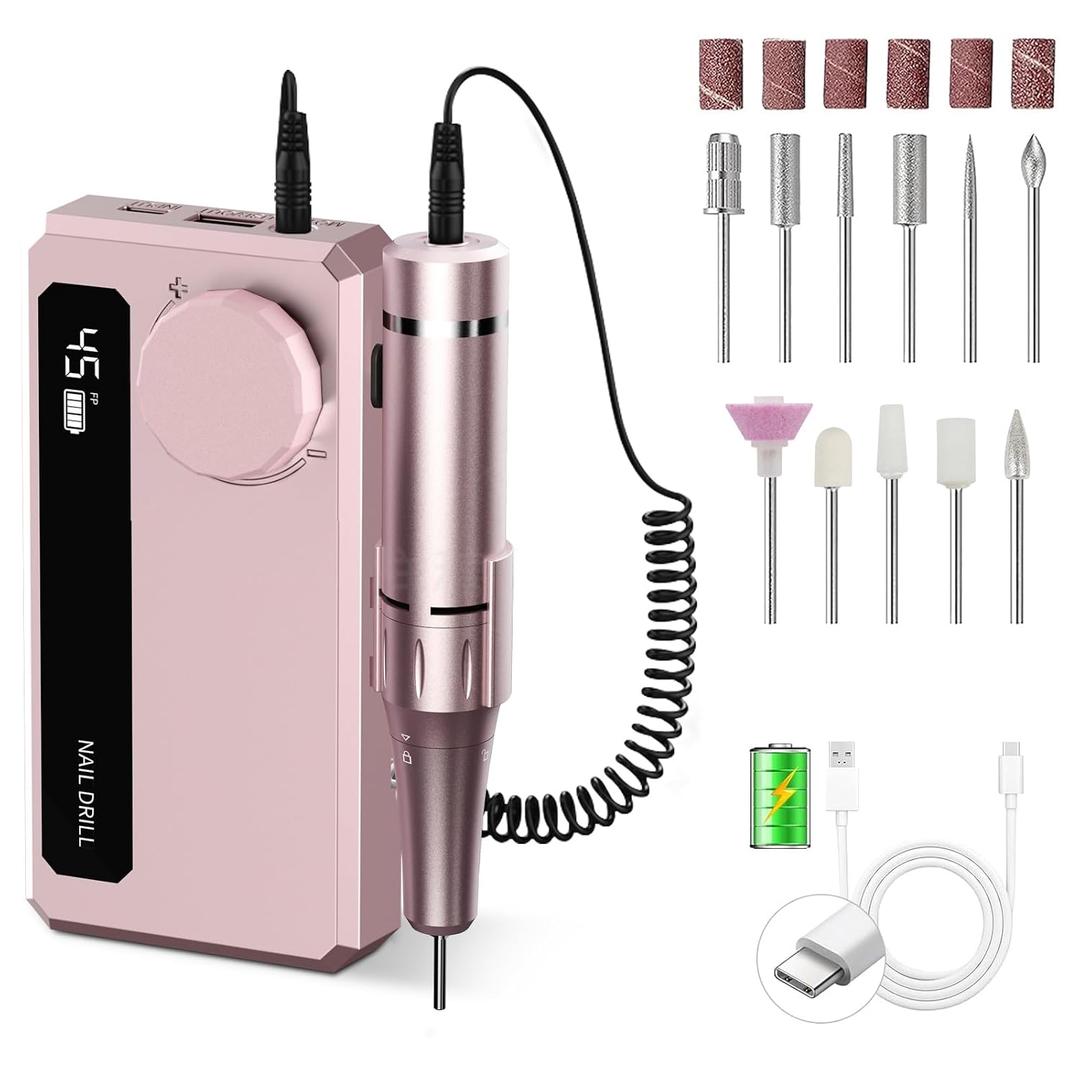 Rechargeable Nail Drill 45,000 RPM, Portable Electric Nail File for Acrylic Gel Polishing and Removal—Nail Dremel Tool for Women, Ideal for Home DIY or Salon, Pink