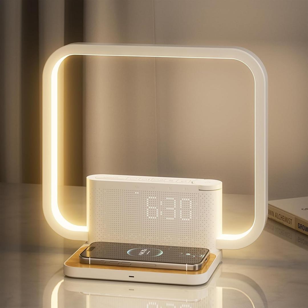 RETEYUNG Sunrise Alarm Clock for Heavy Sleepers,Touch Desk Lamps for Nightstand with Wireless Charger Station for iPhone/Samsung,Sound Machine,Wake Up Light/Snooze/Timer/10 Natural Sounds/3 Dimmable