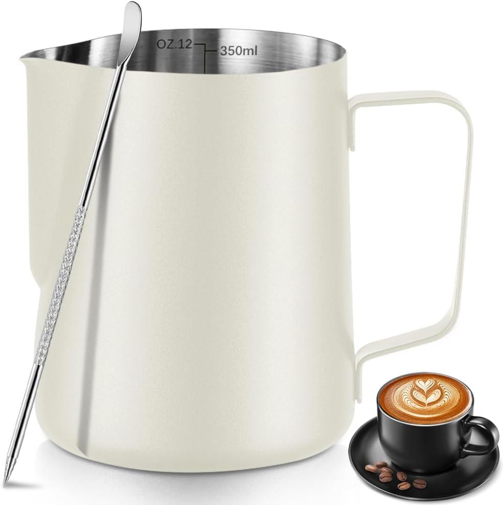 Frothing Milk Pitcher, 12 oz/350 ml Stainless Steel Frothing Milk Jug with Latte Art Pen,with Internal Measurements, for Cappuccino, Espresso and Morewhite