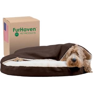 Furhaven 35" Round Orthopedic Dog Bed for Large/Medium Dogs w/ Removable Washable Cover, For Dogs Up to 50 lbs - Sherpa & Suede Snuggery - Espresso, 35-inch