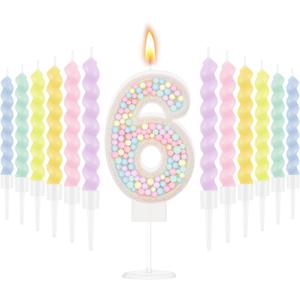 MTLEE Number 6 Birthday Candle with 12 Pcs Spiral Candles for Girls Macaron Pastel Rainbow Unicorn Pink Cake Topper for Sweet Theme Party Decoration (White)