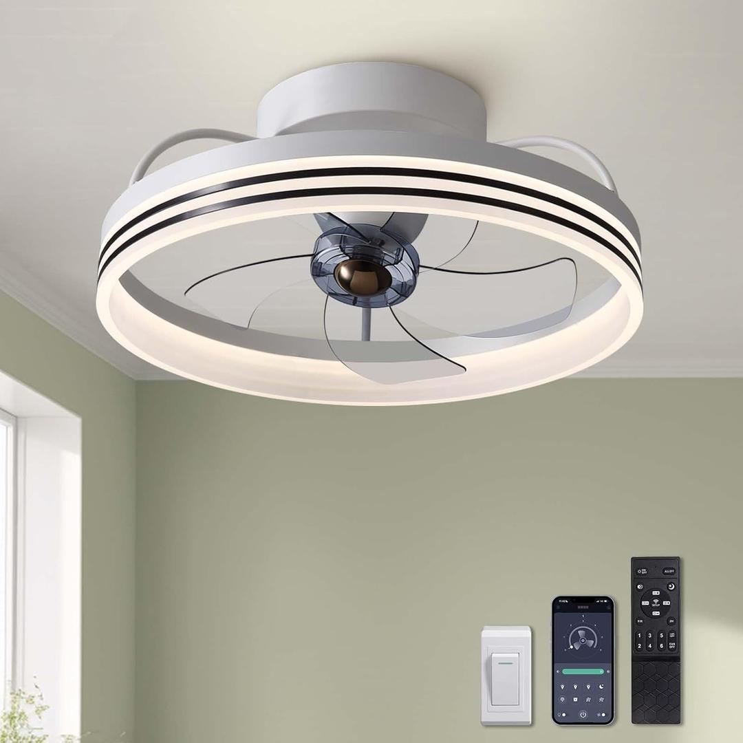 LUDOMIDE Ceiling Fans with Lights, 360 Rotating Ceiling Fan with Lights and Remote, 6 Wind Speeds Smart Flush Mount Ceiling Fan for Bedroom, Dining Room and Kitchen 20"