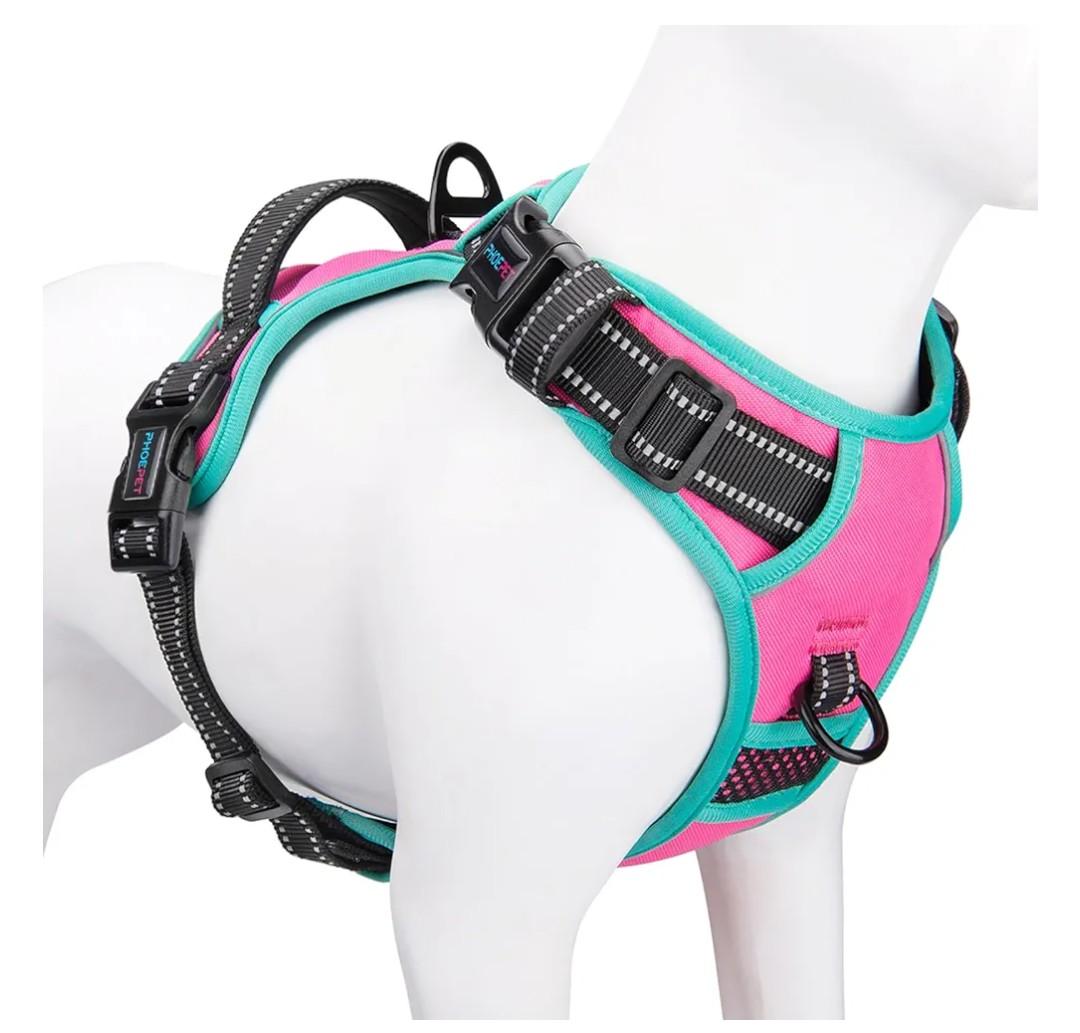 PHOEPET 2019 Upgraded No Pull Dog Harness, Reflective Adjustable Vest, with a Training Handle + 2 Metal Leash Hooks+ 3 Snap Buckles +4 Slide Buckles(L, Pink)