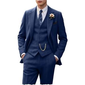 Retro Tweed Men's Suit 3 Piece Slim Fit Herringbone Suits Groom Tuxedos Set Wedding Prom Blazer Jacket Vest Pants for Men XL