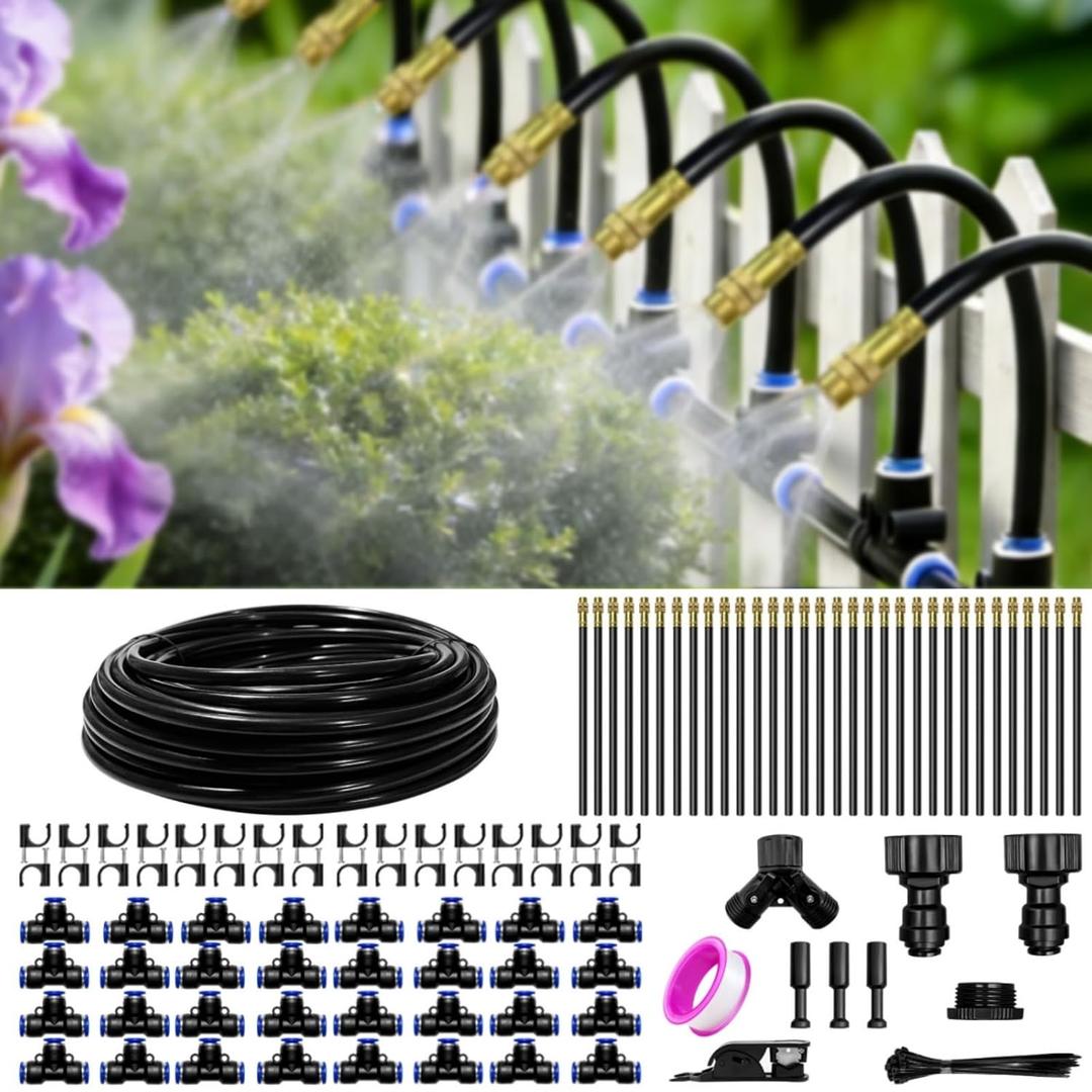 100 Ft Drip Irrigation System for Garden - Drip Irrigation Kit with 32 360Adjustable Copper Nozzles Hose, Automatic Atomizing Plant Watering Sprinkler System for Yard, Lawn, Greenhouse, Potted