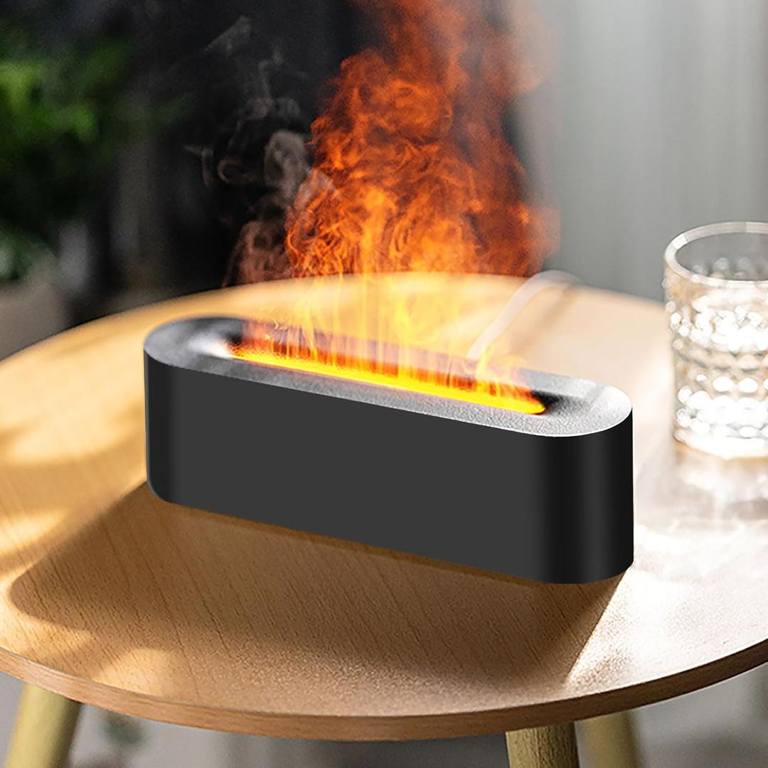 Flame Essential Oil Diffuser, Upgrade 7 Colour Lights Aromatherapy Diffuser, Oil Diffuser, Air Humidifier, Aroma Diffusers for Home, Bedroom, Office, Yoga, Timer & Waterless Auto Off 150ml (Black) (Black)