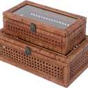 Rattan and Cane Stacking Boxes with Glass Top Lid - Set of 2 11.8" and 14.1", for Boho and Rustic Farmhouse Decor, Brown