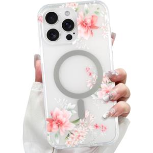 LSL Designed for iPhone 15 Pro Case [Drop Protection/Compatible with Magsafe] Cute Flower Magnetic Phone Case for Women Girly TPU Bumper Floral Cover Pink