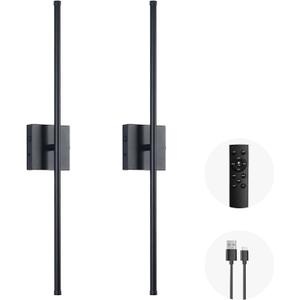 LED Wireless Wall Sconce with Remote Control (Set of Two), USB Rechargeable Battery Powered Indoor Wall Lamps, Dimmable, 360 Rotate,Timing, 28.3 inch Black Wall Lights for Hallway/Living Room/Bedroom (Black)