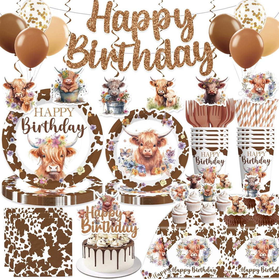 197pcs Brown Cow Birthday Decorations Include Tableware Set, Banner, Hanging, Tablecloth, Balloon, Cupcake Topper, Centerpiece, for Western Farm Animals Kids Birthday Baby Shower, Serves 25