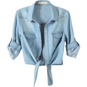 American Trends Women's Denim Shirt 3/4 Sleeve Tie Front Top Knot Chambray Cardigan Button Shirt Jean Crop Top Jacket (X-Large, Light Blue)