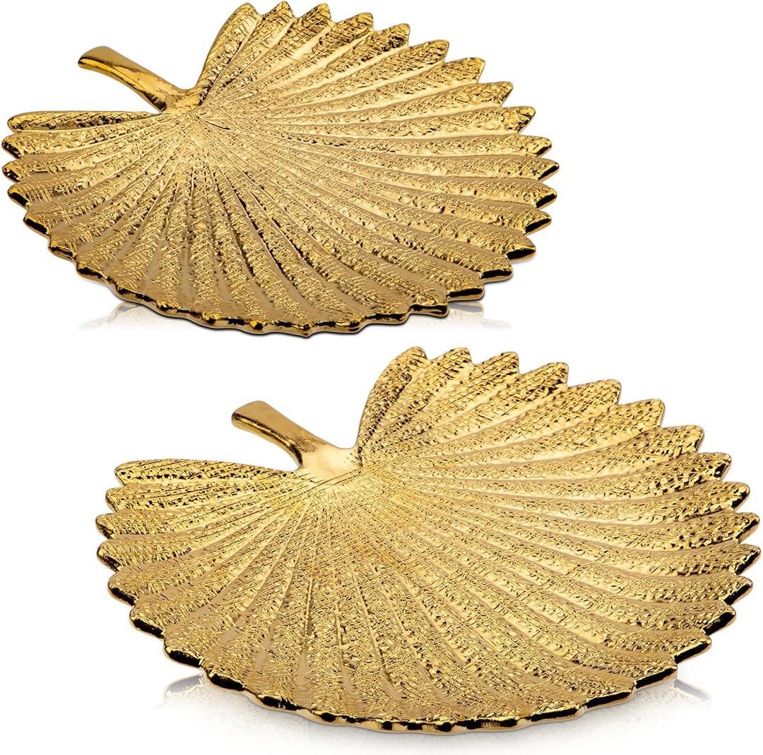 Gold Leaf Decorative Serving Tray for Table Centerpiece 10"+12" Ceramic Leaf-Shaped Trinket Dish, Candle Tray, Vanity Organizer, Coffee Table Decor, Modern Glam Home Decor, Gifts for Women