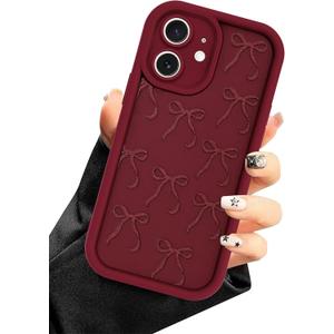 Burgundy Red Phone Case for iPhone 11, Cute Aesthetic Red Bow Design Case, Soft Silicone Slim Shockproof Protective Phone Cover for Women Girls - Maroon