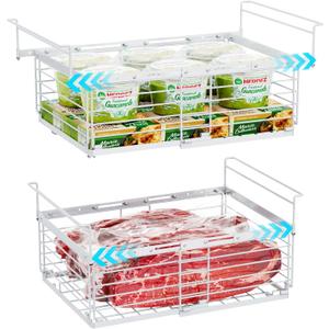 iSPECLE Freezer Organizer Bins for 10 to 20 Cu.Ft, 2 Pack Expandable Hanging Baskets Fit 17.5"-22.6" Width, Metal Wire Storage Racks for Deep Freeze, Not for Upright, White