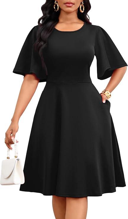 Nmoder Womens Wedding Guest Dress|A-Line Ruffle Flared Sleeve Summer Midi Dresses for Party Church Crewneck with Pockets, Size M