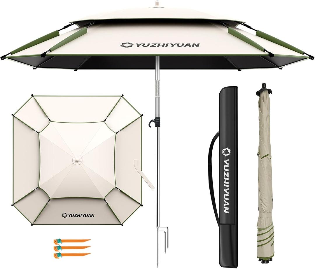 Patio Umbrella with Exclusive Black Coating, 7.2ft/7.8ft Heavy-Duty Double-Layer Nylon Canopy, Adjustable Tilt Sun Shade Outdoor Table Umbrella, UV Protection & Carry Bag for Beach, Fishing, Backyard
