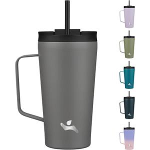Insulated Tumbler with Handle and Straw, 18 OZ Travel Coffee Mug Stainless Steel Cup Metal Water Bottle,Grey (Gray)