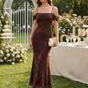 MEROKEETY Women's 2026 Summer Off The Shoulder Spaghetti Strap Floral Mesh Wedding Guest Cocktail Formal Party Maxi Dresses (Brown, M)