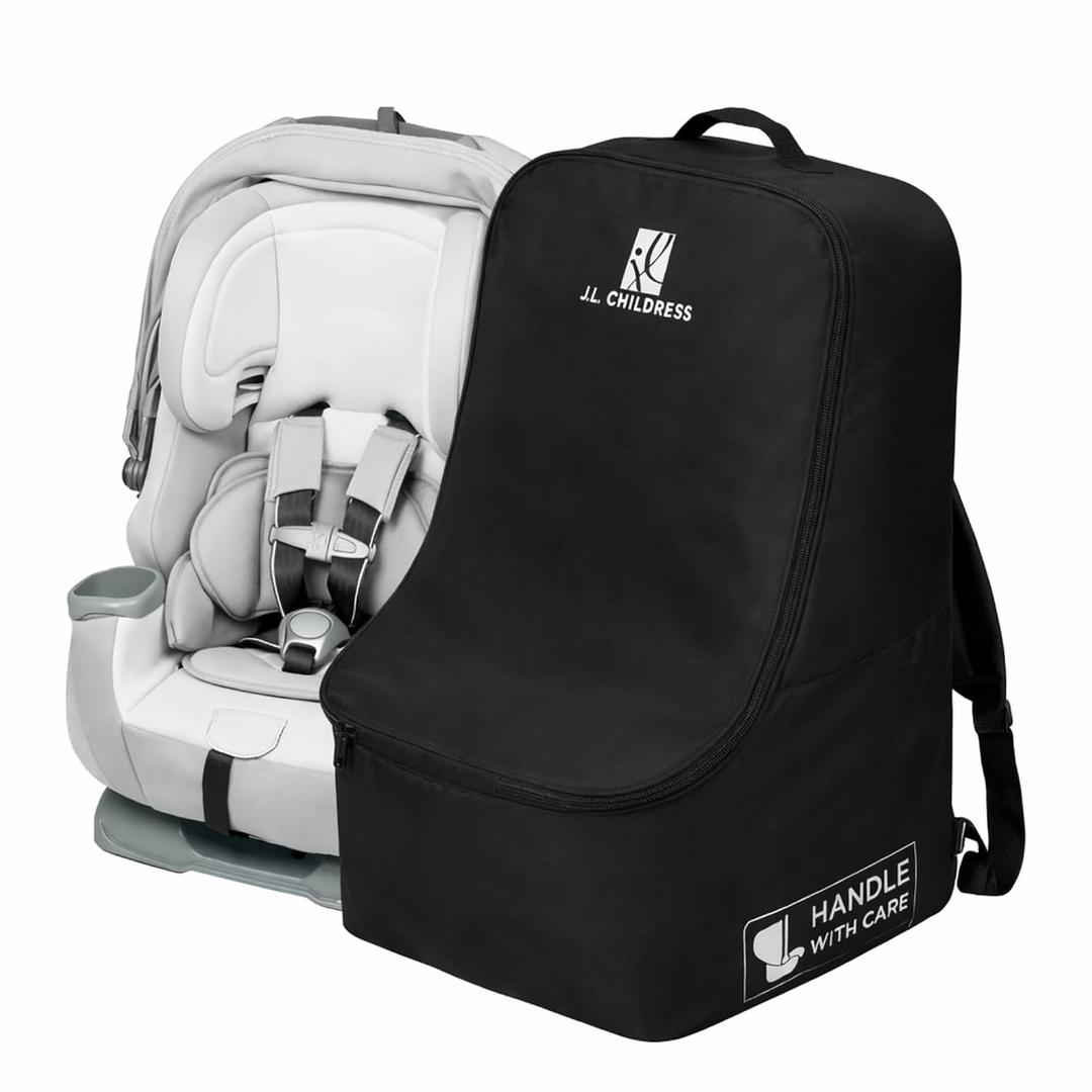 J.L. Childress Padded Backpack Car Seat Bag - Car Seat Travel Bag for Airplane, Fits Most Baby & Infant Carriers & Bootsters, Accessories for Gate or Baggage Check, AirTag Compatible - Deluxe, Black