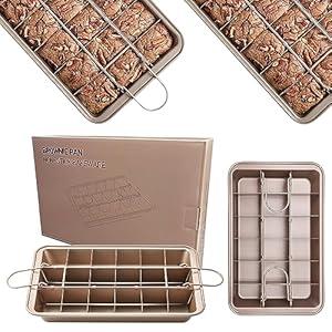 RHBLME 2 Pack Brownie Pan with Dividers, 12.2" x 7.7" x 1.6" Nonstick Carbon Steel Baking Loaf Pan Baking Pan, 18 Pre-slice Brownie Baking Tray for Bread Cookie Cake Fudges Chocolate
