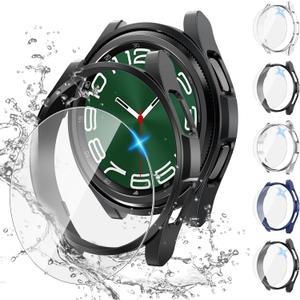 Tensea [5+5Pack for Samsung Galaxy Watch 6 Classic Screen Protector Case 47mm, Hard PC Bumper/HD Anti-Fog Tempered Glass Protective Film, Face Cover Set, Galaxy Watch 6 Classic Case for Women Men (Clear/Black/Black/Silver/Blue)