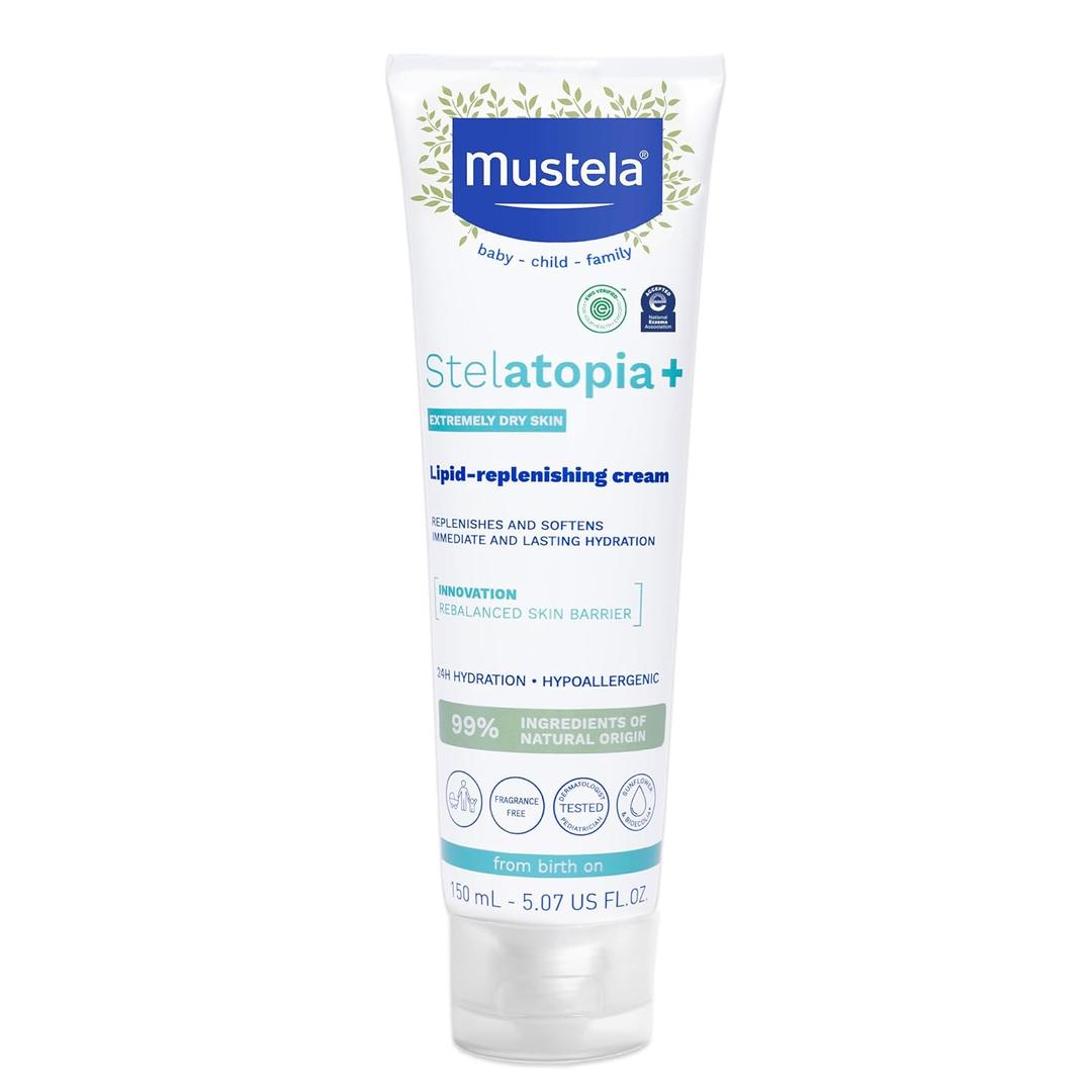 Mustela Stelatopia+ - Lipid-Replenishing Cream - Moisturizer for Eczema-Prone Skin - With Natural Sunflower Oil and Prebiotic - For Babies, Kids & Adults - Fragrance Free - 5.07 Fl Oz