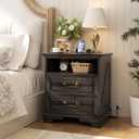Unikito 24" Tall Farmhouse Nightstand with Charging Station, Rustic End Table with Drawer & Open Storage, Beside Table for Bedroom, Gray Oak