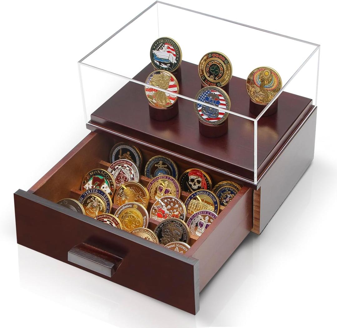 Challenge Coin Display Case, Military Coin Collection Holder with Wooden Coin Box, Drawers, and Clear Acrylic Lid  Gifts for Coins Collectors (5 Pillars)