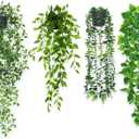 Fake Hanging Plants 4 Pack Artificial Hanging Plants Potted Greenery Faux Eucalyptus Mandala Vine Pea Pod Lvy Vine Leaves for Shelf Room Office Home Wall Indoor Outdoor Decor