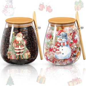 Pickmesh 2 Sets 34 oz Christmas Glass Storage Jars with Airtight Bamboo Lid and Spoon Christmas Decorative Container Xmas Canister for Kitchen Countertop Decoration Cookies Snacks Candy(Santa)