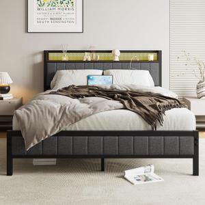 BOFENG Queen Bed Frame with Storage Headboard, USB Charging Station, LED Lights, Platform Metal Bed Frame Queen Size with Storage,Heavy Duty Metal Slats Support, No Box Spring Needed, Noise Free, Grey