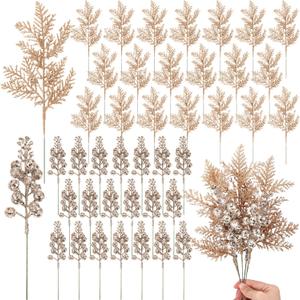 Cindeer 80 Pcs Champagne Gold Christmas Glitter Berries Stems Pine Needles Christmas Artificial Picks Fake Floral Twig Spray for Xmas Tree Ornaments DIY Wreath Garland Decorations