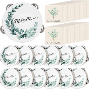 48 Pcs Wedding Tambourines Bulk for Adults, 6 Inch Wooden Handheld Drum with Metal Jingles Thank You Cards, Percussion Gift Musical Instrument for Church Bridal Shower Party Celebration
