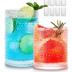 Hobnail Drinking Glasses Set of 8, 4pcs 15oz Highball Glasses & 4pcs 12oz Clear Glass Cups,Kitchen Bar Vintage Embossed Glassware Sets for Whiskey,Cocktail,mocktails,Wine, Water & Juice Drinkware