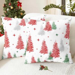 CaliTime Christmas Throw Pillow Covers Decorative 18 X 18 Inches Pack of 2 Cozy Fleece Trees Stars Cushion Cases for Couch Sofa Bed Living Room Farmhouse Christmas Red Green Grey