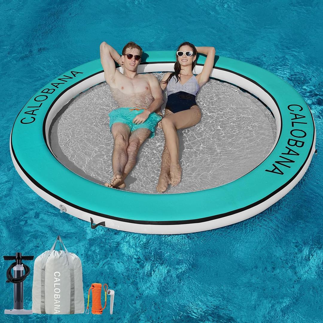 CALOBANA Round Floating Ring Inflatable Water Hammock Heavy Duty River Floats Lake Raft for Adults Tanning Pool Lounger Float Island Platform Pad Mat for Party  Water Hammock (8' Circle), Mint Green/White+Grey